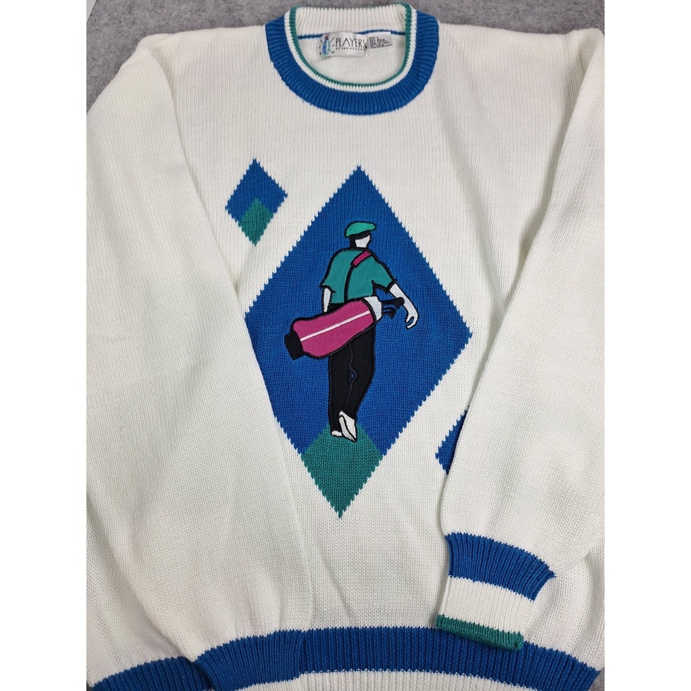 Vintage Players by Van Heusen Golf Graphic Sweater Mens Large White Blue Ramie L